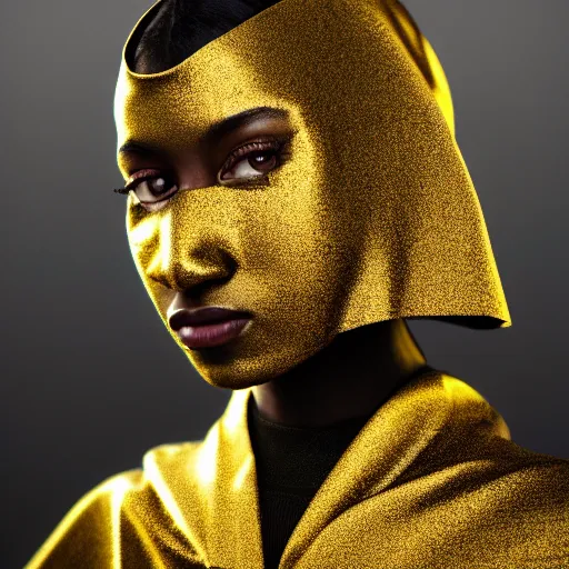 Image similar to a portrait of a young black woman wearing a long dark cloak, hood and shadows covering face, wearing shiny gold, oil painting, matte painting, black background, Volumetric Golden dappled dynamic lighting, Highly Detailed, Cinematic Lighting, Unreal Engine, 8k, HD, by Beksinski