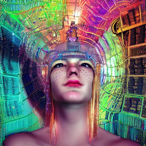 Prompt: deeper into the metaverse we go, piles of modular synth cables, puerto rican goddess swimming up wearing a headpiece made of circuit boards, by cameron gray, wlop, stanley kubrick, masamune, hideki anno, jamie hewlett, unique perspective, trending on artstation, 3 d render, vivid pastel colors