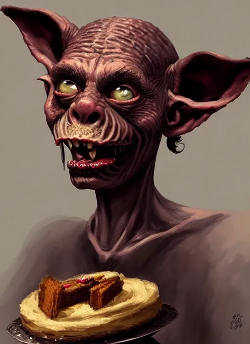 Image similar to portrait of a medieval goblin eating cakes, beautiful face, hyper realistic, highly detailed, digital painting, artstation, illustration, concept art by hyung tae and frank frazetta, digital paint, matte paint, washed colors, dark, gloomy