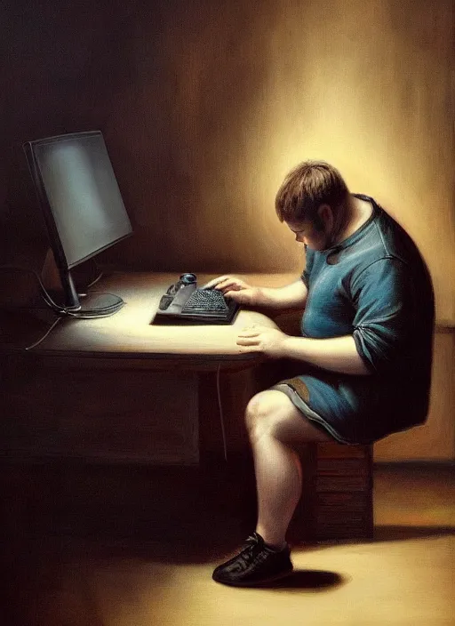 Image similar to insanely detailed chiaroscuro image of a sleepy - looking chubby programmer guy on his knees facing his glowing ultrawide monitor begging it for forgiveness, oil on canvas, masterwork, fine detail, trending on artstation, emotive, insanely compelling, ryden, koons, moebius