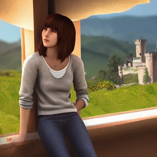 Prompt: A 3D render of Max Caulfield on the balcony of a castle