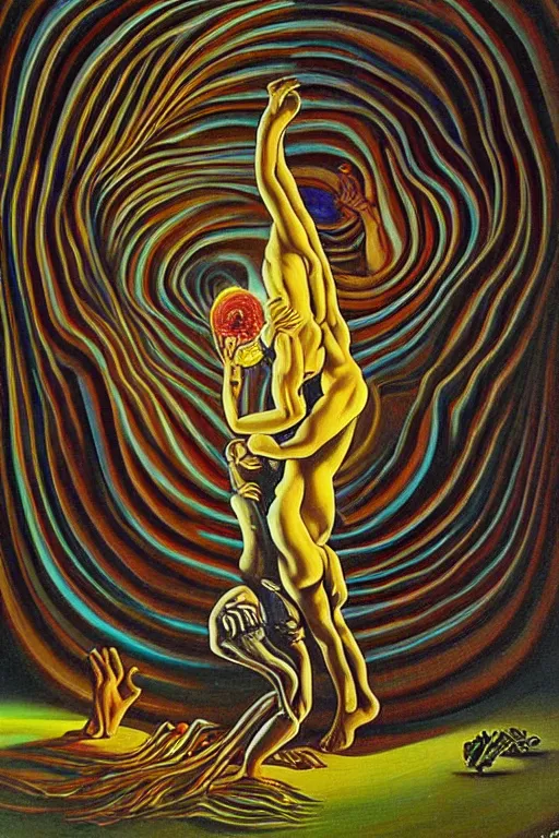 Prompt: optical illusion painting of a couple dancing in a worm hole, illusionism, look twice, mind blow, by damien gilley and salvador dali, detailed