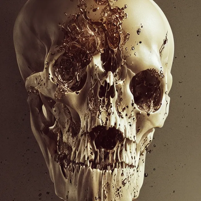 Image similar to a melting dripping human skull. intricate abstract. intricate artwork. by Tooth Wu, wlop, beeple, dan mumford. octane render, trending on artstation, greg rutkowski very coherent symmetrical artwork. cinematic, hyper realism, high detail, octane render, 8k, depth of field, bokeh. iridescent accents