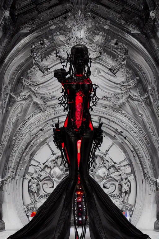 Prompt: full-body cyberpunk style sculpture of a young beautiful dark priestess, half android with a head opening exposing circuitry, glowing red eyes, black roses, flowing blood-red colored silk fabric, candles. baroque elements, human skull. full-length view. baroque element. intricate artwork by caravaggio. crows flying in background. Trending on artstation, octane render, cinematic lighting from the right, hyper realism, octane render, 8k, depth of field, 3D