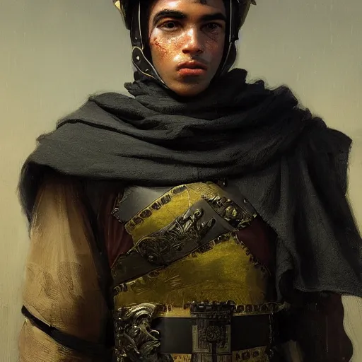 Image similar to Medium closeup young idealistic and pious homely male Imperial soldier wearing a black tabard with light yellow accents over a gambeson and a small!!! barbut helm, by Raymond Swanland Greg Rutkowski Lise Deharm, {perfect face}, {perfect eyes}, {uncertain look}, {on edge}