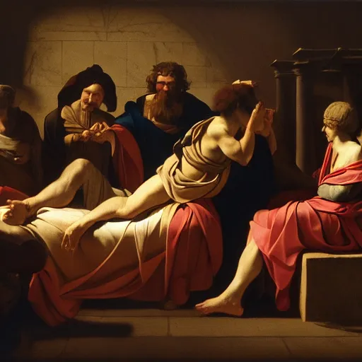 Image similar to isolation chamber of the early biblical scholars, in the style of David Geddes, Jacques-Louis David, Caravaggio, Élisabeth Vigée Le Brun, dramatic lighting, establishing shot, detailed and clear beautiful realistic faces, 8k resolution – W 1024