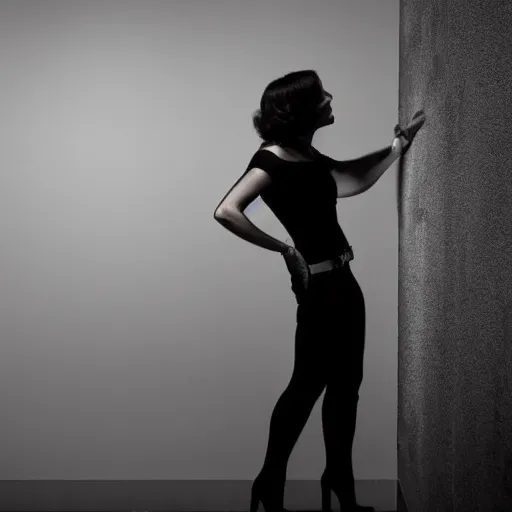 Prompt: noir female detective leans against the wall and lights up,