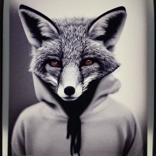 Image similar to medium-shot neat polaroid photo of a fox in a hoodie, 80s, colour, by Andy Warhol