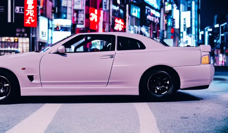 Image similar to sideview of a skyline gtr driving in tokyo at night, 4k photo, shot with sony alpha