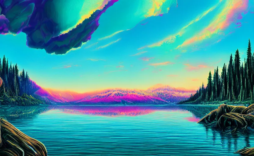 Image similar to beautiful award winning synthwave painting of a canadian lake, extreme detail, digital art, 4 k, ultra hd