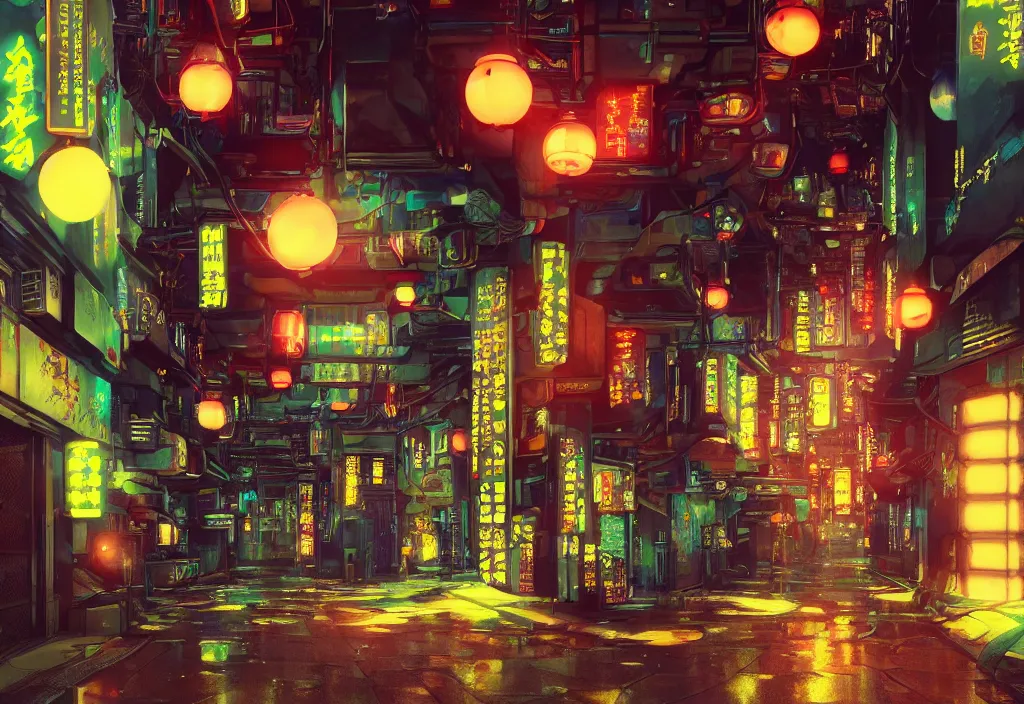 Prompt: a futuristic cyberpunk japanese izayaka alley with neon lights and lanterns, soft glow, intricate, cybernetic, viewed at 3 / 4 angle, trending on artstation, octane render, unreal engine, colorful, in the style of chris foss, rodger dean, moebius, michael whelan, and gustave dore