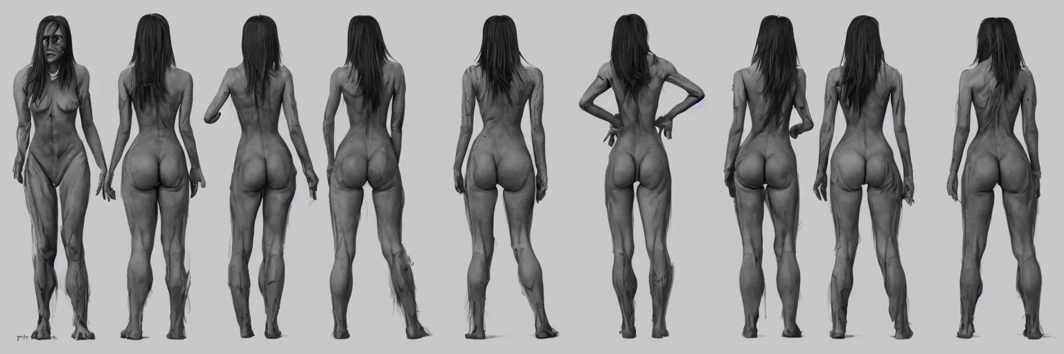 Prompt: female character study of female iggy pop, 2 0 2 2, clear faces, emotional, character sheet, fine details, concept design, contrast, kim jung gi, pixar and da vinci, trending on artstation, 8 k, full body and head, turnaround, front view, back view, ultra wide angle