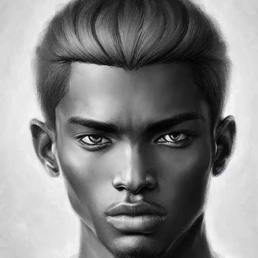 Image similar to ultra realistic illustration, young man with dark gray skin, short white hair, intricate, with dark clothes, elegant, highly detailed, digital painting, artstation, concept art, smooth, sharp focus, illustration, art by artgerm and greg rutkowski and alphonse mucha