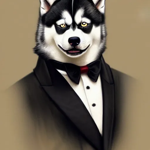 Image similar to beautiful detailed picture of a husky dressed in a tuxedo, intricate, elegant, highly detailed, my rendition, digital painting, artstation, concept art, smooth, sharp focus, illustration, art by artgerm and greg rutkowski and alphonse mucha