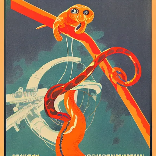 Prompt: soviet propaganda poster featuring a snake tangled on planet earth, view from space