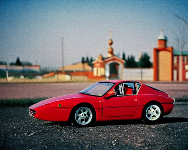 Image similar to a lomographic photo of ferrari standing in typical soviet yard in small town, hrushevka on background, cinestill, bokeh