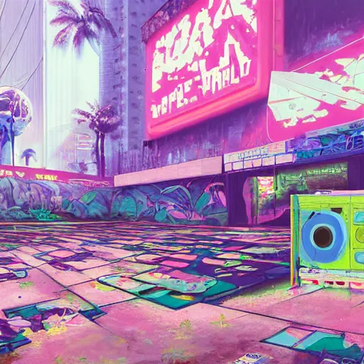 Image similar to a painting of an abandoned video game system, vaporwave arcade, weeds, cyberpunk art by Chris LaBrooy and james gurney, behance contest winner, auto-destructive art, dystopian art, apocalypse landscape, apocalypse art