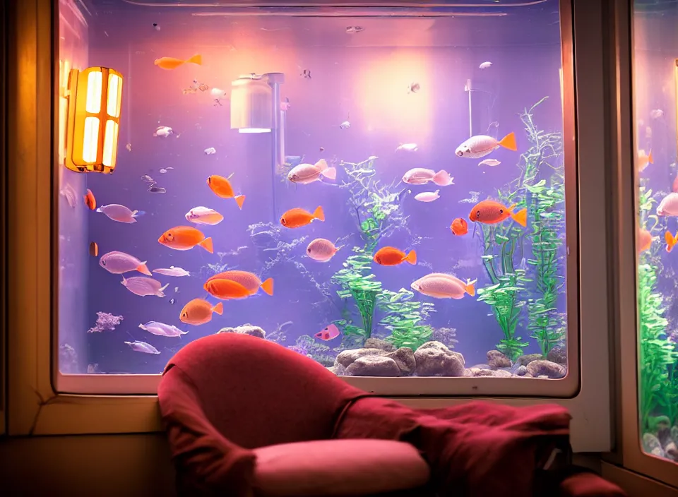 Prompt: telephoto 7 0 mm f / 2. 8 iso 2 0 0 photograph depicting the feeling of chrysalism in a cosy cluttered french sci - fi ( art nouveau ) cyberpunk apartment in a pastel dreamstate art cinema style. ( aquarium, computer screens, window ( city ), fish tank, lamp ( ( ( armchair ) ) ) ), ambient light.