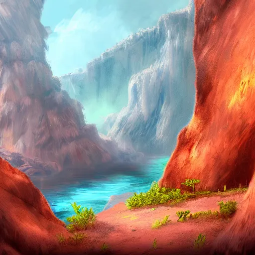 Prompt: digital painting of a lush natural scene on an alien planet. beautiful landscape. weird vegetation. cliffs and water. trending on artstation.