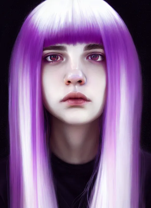 Image similar to hair whitebangs hair, black hair, whitebangs, portrait of teenage girl with white bangs, red irises, purple clothes, white bangs, bangs are different color from hair, intricate, elegant, glowing lights, highly detailed, digital painting, artstation, concept art, smooth, sharp focus, illustration, art by wlop, mars ravelo and greg rutkowski