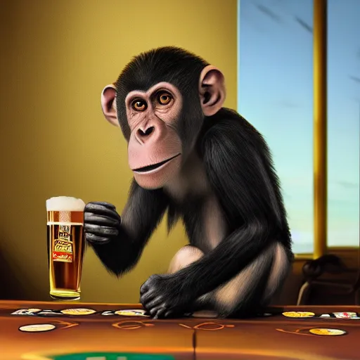 Prompt: Monkey drinking beer playing poker, Hyper Realism, realistic, cinematic lighting, ambient lights, depth of field, perspective,