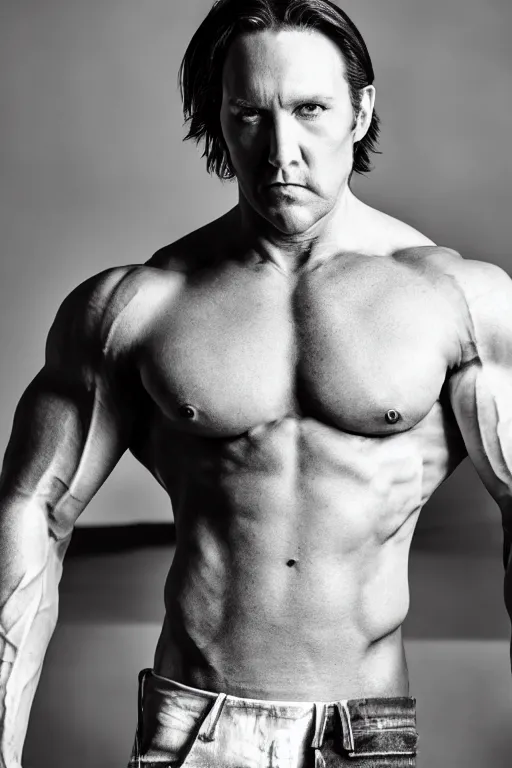 Image similar to Matthew Mercer is a jacked muscle builder gigachad, grayscale photography, Critical Role, Raised eyebrow