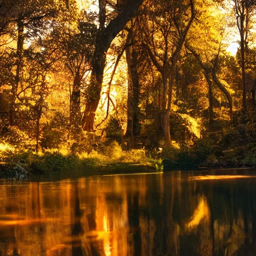 Image similar to river in a forest, golden hour, ray tracing reflection, 8k, hyper realistic