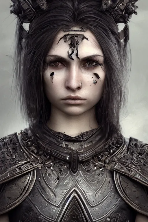 Prompt: ne stylised woman , fair skin, big eyes, long black hair, no bangs, wearing sculpted textured armour, closes her eye, battle damage, intricate complexity, close-up of the front of the face, resolute expression, back lighting, 4K resolution, symmetric, clear facial features, by Ruan Jia and Mandy Jurgens and William-Adolphe Bouguereau, Karol Bak, smooth, sharp focus, rich deep colors, digital render, intricate, ultra realistic, concept art