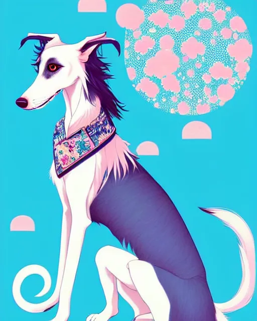 Image similar to cute borzoi anthro wearing a blue ribbon, city background, very anime!!! kawaii!! intricate details, aesthetically pleasing pastel colors, poster background, art by conrad roset and ilya kuvshinov