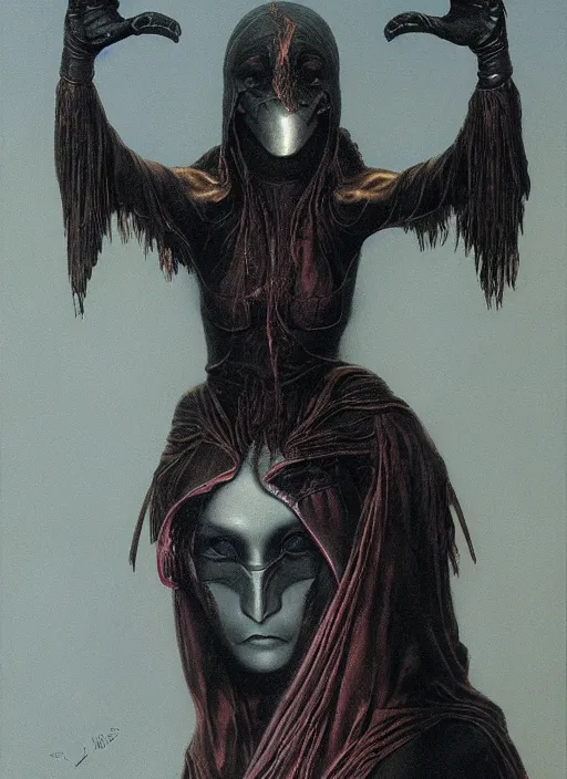 Prompt: young female in detailed golden mask of raven by Wayne Barlowe