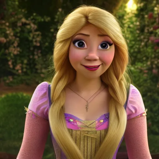 Image similar to Jennette McCurdy as Rapunzel in disney tangled live action, 8k full HD photo, cinematic lighting, anatomically correct, oscar award winning, action filled, correct eye placement,