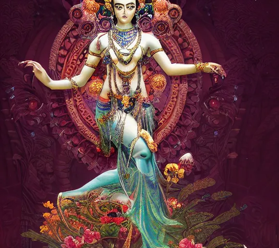 Image similar to breathtaking detailed concept art painting art deco pattern a beautiful devi goddess with shinny skin on sitted on an intricate metal throne, hands pressed together in bow, light - flowers with kind piercing eyes and blend of flowers and gems, by hsiao - ron cheng and john james audubon, bizarre compositions, exquisite detail, extremely moody lighting, 8 k h 1 0 2 4