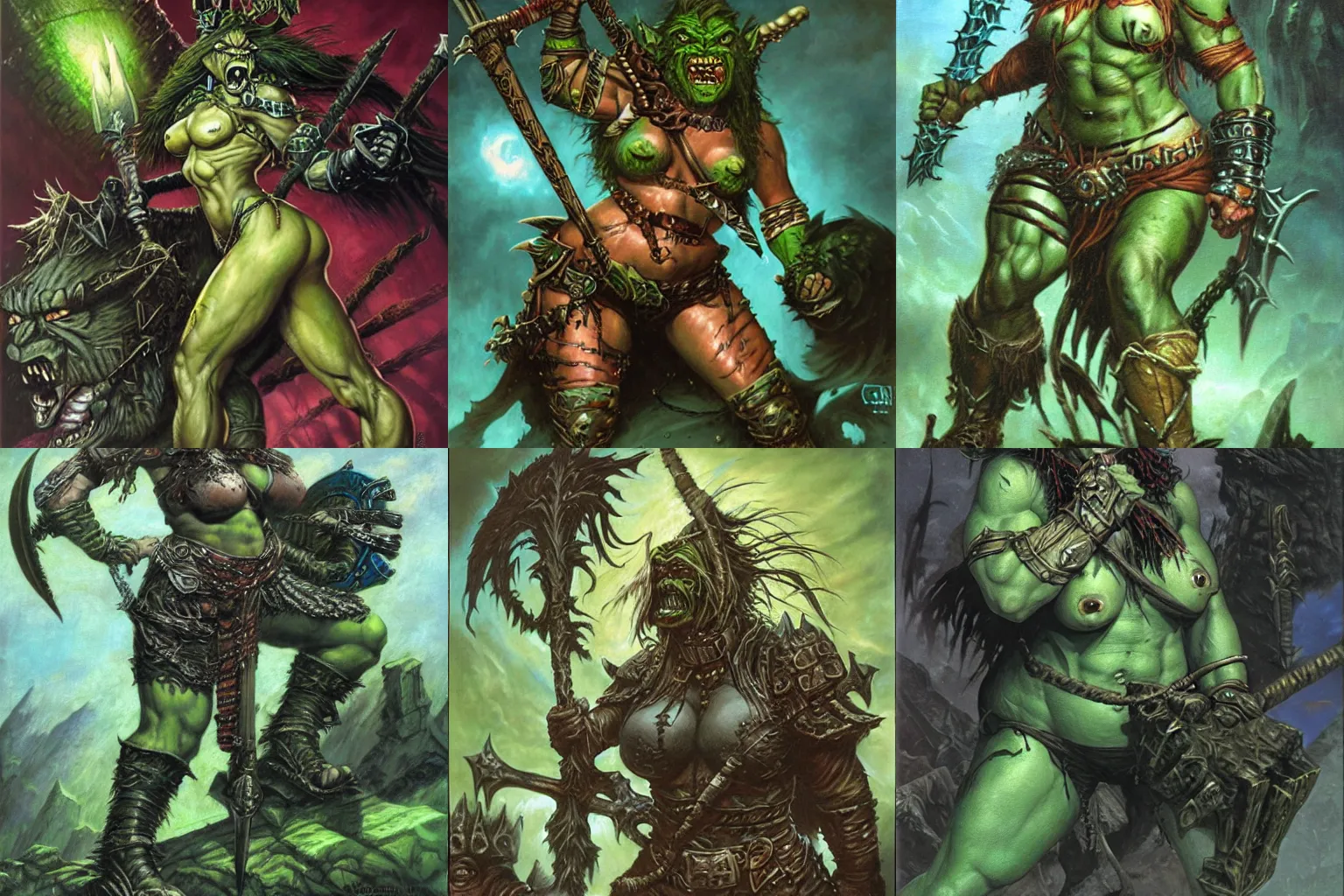 Prompt: A big green orc lady barbarian. Fierce fantasy artwork by Greg staples and Kev Walker, oil painting on matte canvas