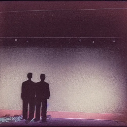 Prompt: Two male silhouettes on an abandoned theatre stage, polaroid picture, colour, bright