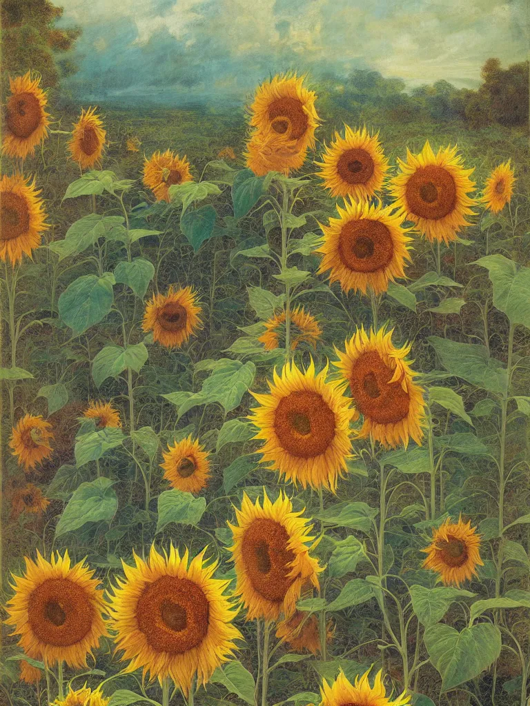 Prompt: featureless colorful sunflowers, rippling, minimalist environment, by esao andrews and maria sibylla merian eugene delacroix, gustave dore, thomas moran, pop art, art by charles burns