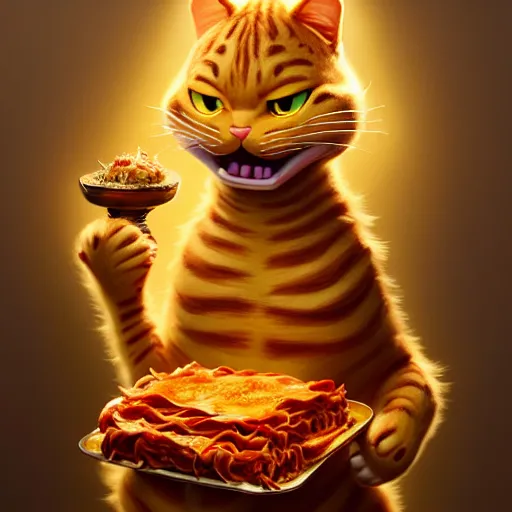 Prompt: fullbody!! personification of garfield the cat as a goddess holding lasagna, stunning, hyperrealistic, trending on artstation, smooth and sharp, intricate, fine details, elegant, religious, dynamic pose, radiant light, detailed and intricate environment, professional character concept art by tatyana kupriyanova and greg rutkowski and raymond swanland