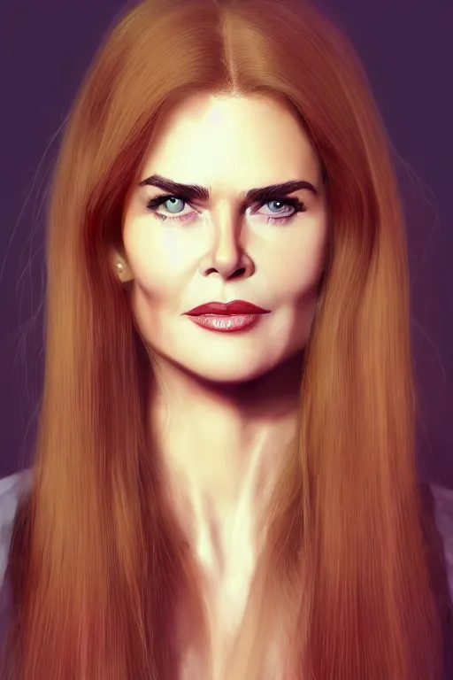 Image similar to mix of beautiful young maria shriver, mariel hemmingway, brooke shields, nicole kidman and elle macpherson as an alien creature, thin lips, hair tied up in a pony tail, dark blonde hair, colorful, artstation, cgsociety