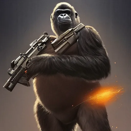 Image similar to detailed science - fiction character portrait of a gorilla with a gun, wild, highly detailed, digital painting, artstation, concept art, smooth, sharp focus, illustration, art by artgerm and greg rutkowski and alphonse mucha