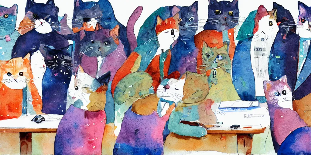 Image similar to watercolor illustration style, cats in jackets research meet in big table, business, inspiring art