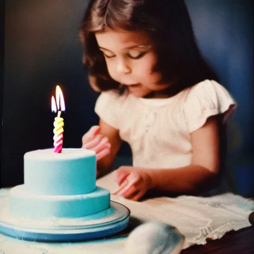 Prompt: birthday part for a young girl in 1976, she is blowing out the candles on a birthday cake. ektachrome photograph, volumetric lighting, f8 aperture, cinematic Eastman 5384 film