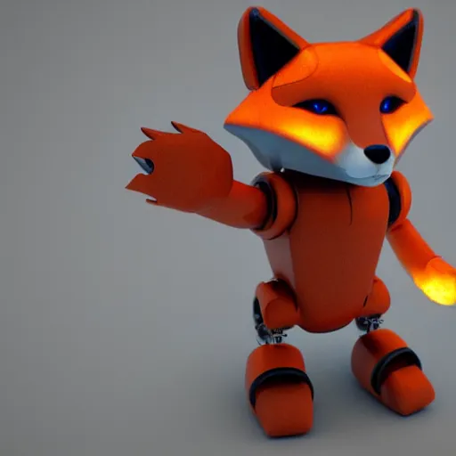 Image similar to robot that resembles a fox, 3 d render, post processing, cinmatic lightning