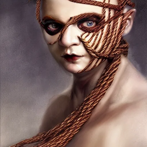 Image similar to portrait of a Shibari rope wrapped face and neck, headshot, insanely nice professional hair style, dramatic hair color, digital painting, of a old 18th century, tourist, wrap around eye patch, amber jewels, baroque, ornate clothing, scifi, realistic, hyper detailed, child, chiaroscuro, concept art, art by Franz Hals and Jon Foster and Ayami Kojima and Amano and Karol Bak,