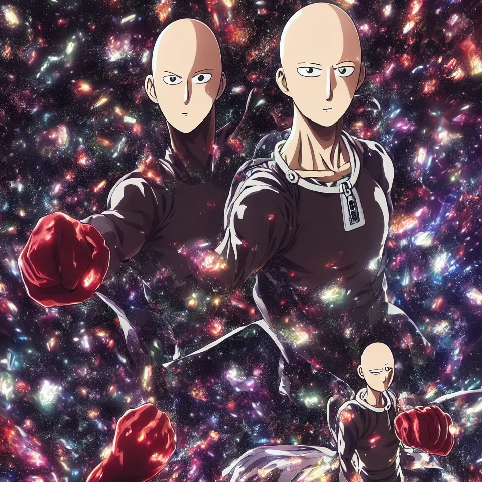 Image similar to one punch man Saitama made of stars, art by Yusuke Murata,centre composition, cinematic, trending on artstation, low level, 4K UHD image,