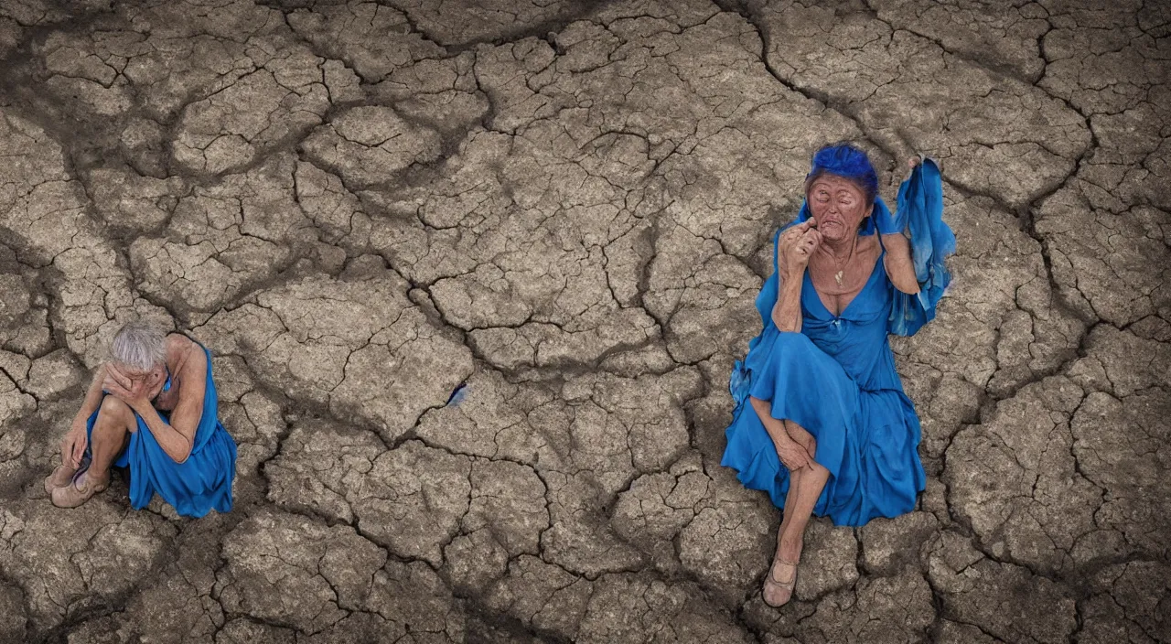 Prompt: 65-year-old Gaia crying unemotionally as she sits on a dried up river in a desolate land, blue sky, hot and sunny, highly-detailed, elegant, dramatic lighting, artstation, 4k, cinematic landscape, photograph by Elisabeth Gadd