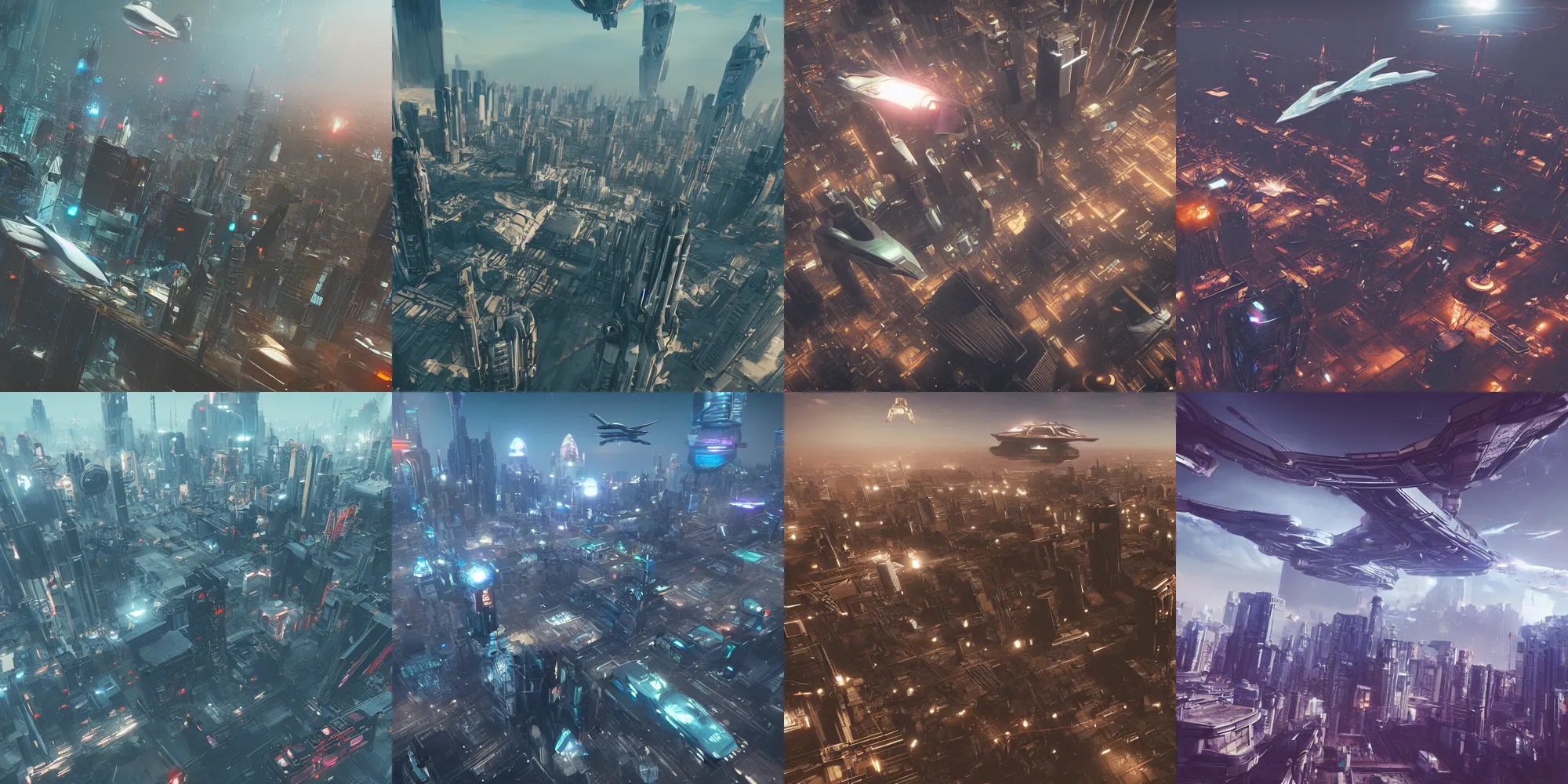 Prompt: big spaceship flying over city, ground view, highly detailed, epic, render, unreal engine, cyberpunk style