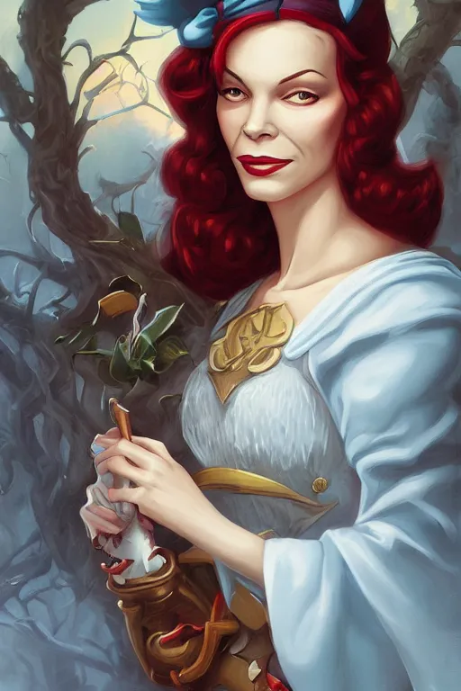 Image similar to beautiful hq matte painting portrait of lauren bacall as snow white, by peter mohrbacher greg rutowski