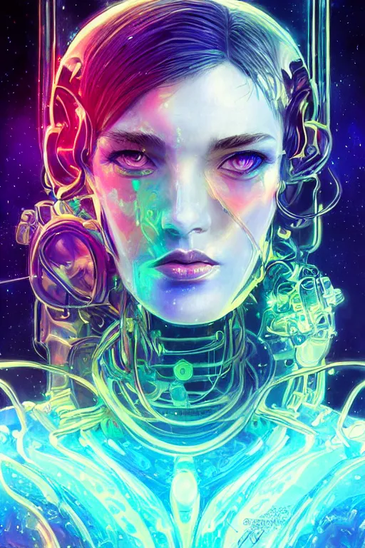 Prompt: psychedelic space cyborg, glass, diffuse lighting, fantasy, intricate, elegant, highly detailed, lifelike, photorealistic, digital painting, artstation, illustration, concept art, sharp focus, art by adam hughes