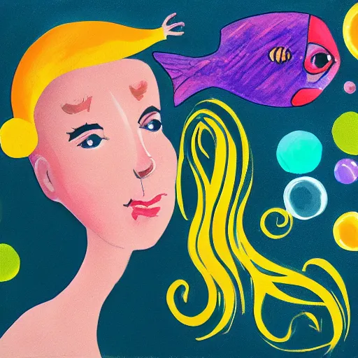 Prompt: young woman dreaming of bubbles and fish, concept art, gouache