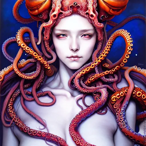 Image similar to a girl with tentacles on her head, an ultrafine detailed painting by ayami kojima, cgsociety, fantasy, anime digital art, lovecraftian, cosmic horror, detailed painting