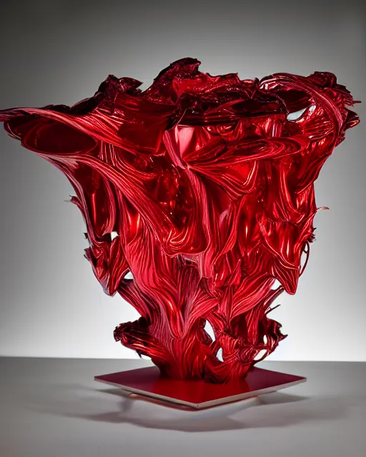 Image similar to sculptural table lamp designed by iris van herpen, red metal, advertising photography